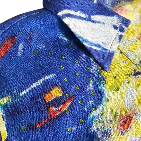 Michael Leu Womens Art To Wear, Bridge, Water, Cotton, Button Front, Gems, Sz XL - Picture 7 of 10